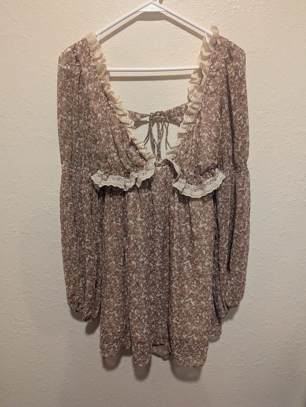 New Free People Womens Beige Pennie Floral Ruffle Long Sleeve Mini Dress Size Xs